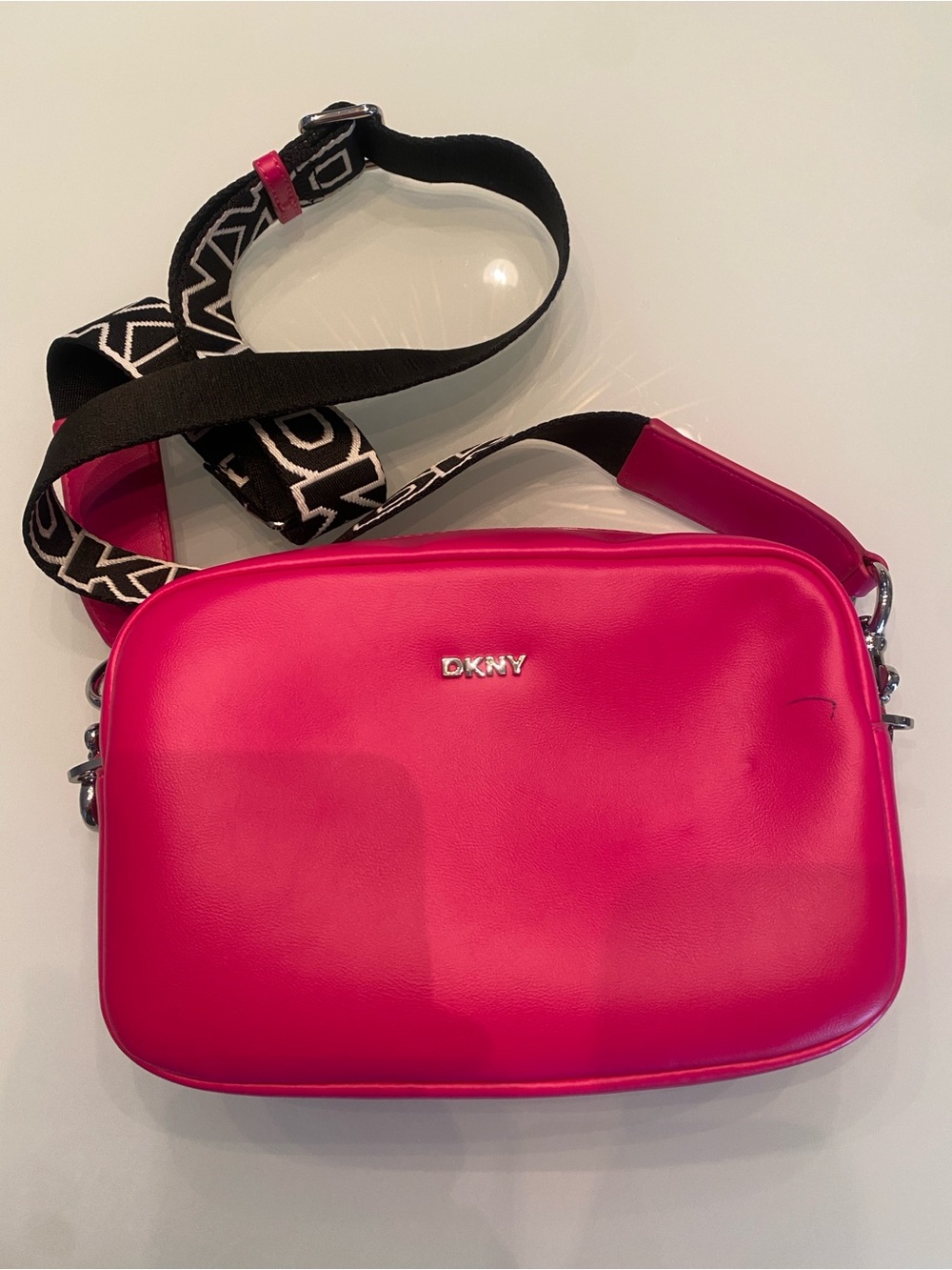 DKNY Hot Pink Faux Leather Camera Bag Crossbody Logo Guitar Strap